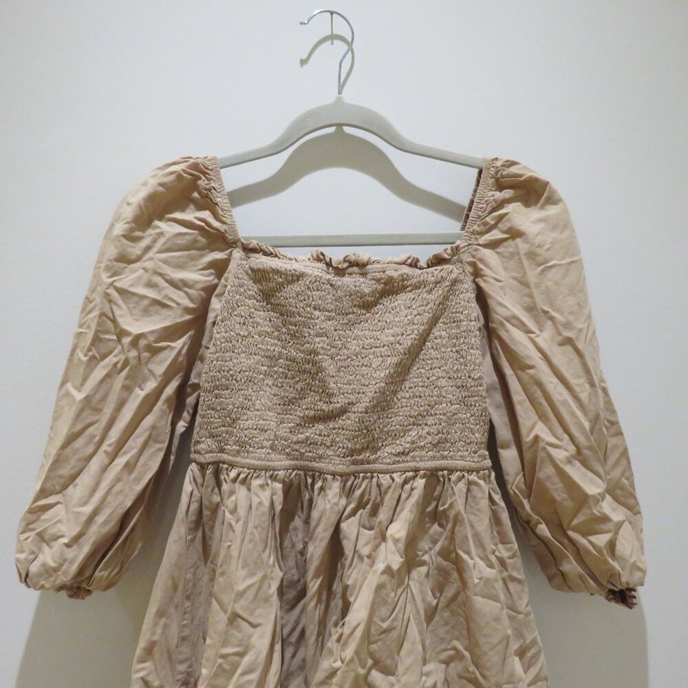 MOD REF Smocked Prairie Dress in Tan Beige Minimalist Trad Wife Cottagecore - Picture 9 of 12